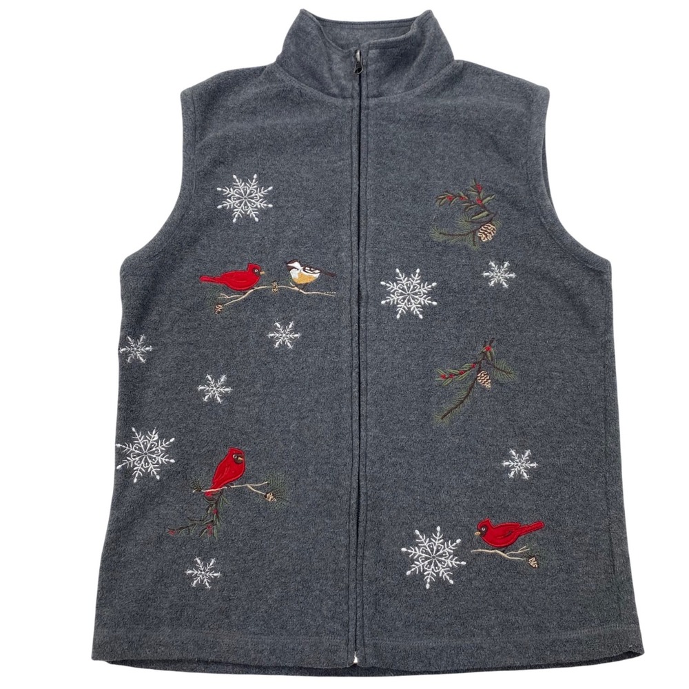 Baxter & Wells Fleece Vest Women S Gray Embroidered Cardinal Bird Snowflake Zip